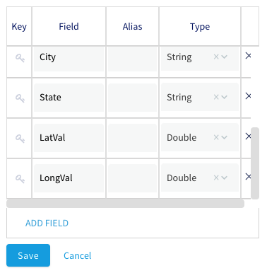 An image of a table with the column Key, Field, Alias, and Type. The rows displayed are for City, State, LatVal, and LongVal. There is an Add Field link at the bottom of the table and a Save button below the Add Field link.