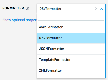 The Formatter section of a configuration screen. The Formatter drop-down selector is open, listing several different formatters including DSVFormatter.